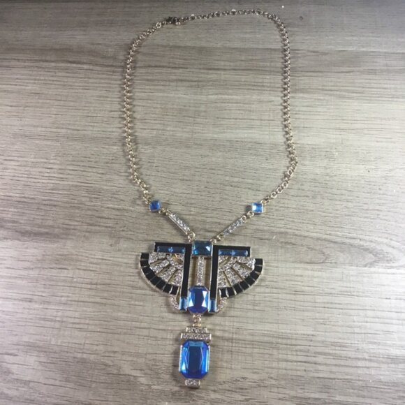 Athena Galore Jewelry - Bohemian Egyptian Elegant Blue and Gold Rhinestone Winged Statement Necklace